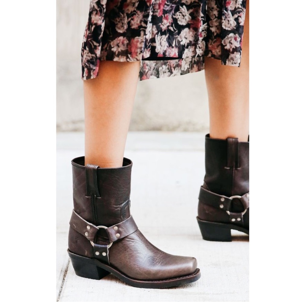Women's Brown Leather Harness Ankle Boots